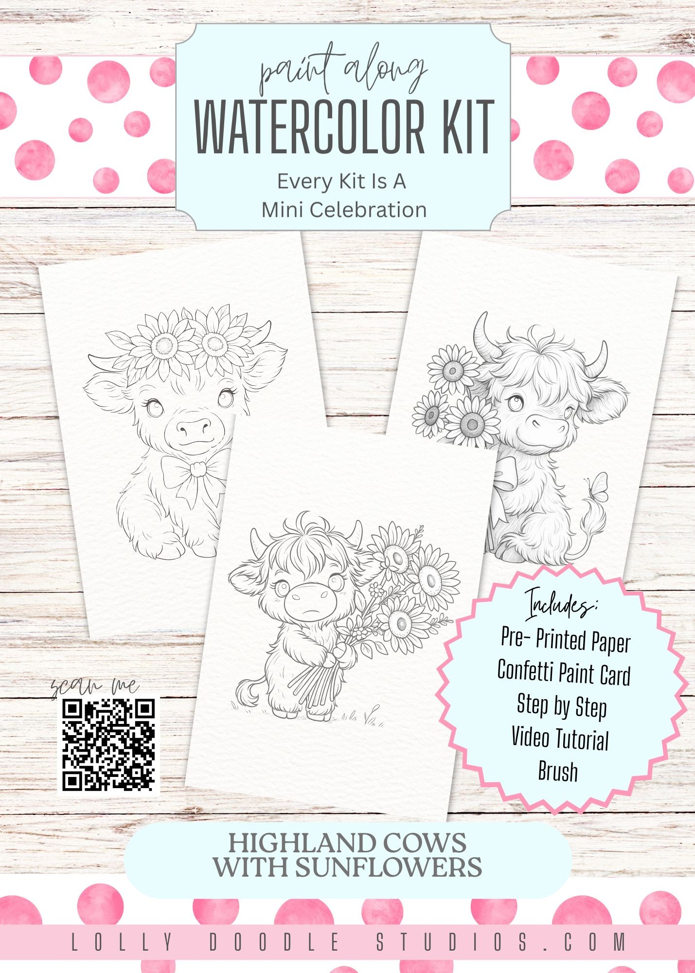 Highland Cow with Sunflowers Watercolor Paint Kit - Paint Your Own Step by Step