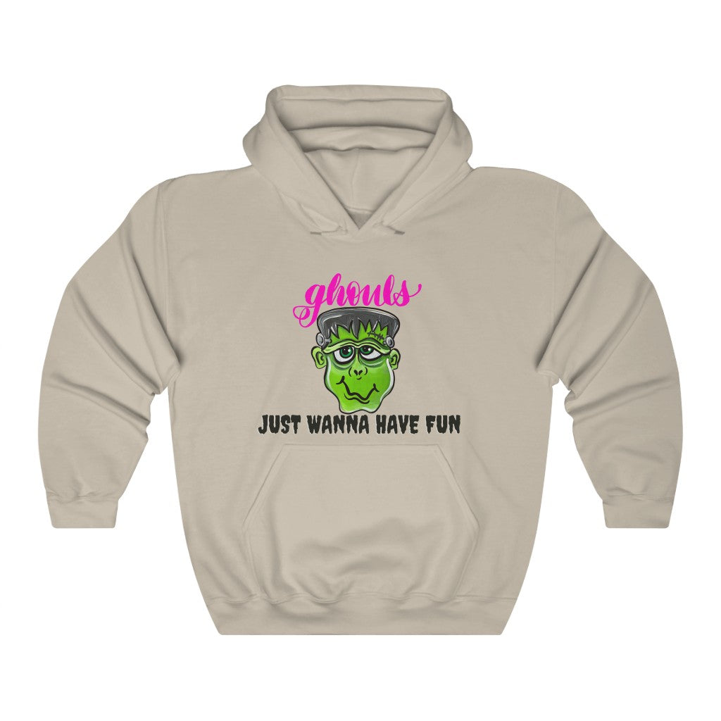 Ghouls just wanna have fun hooded sweatshirt, Halloween monster, Frankenstein hoodie, original hand painted art, apparel, Unisex Heavy Blend™ Hooded Sweatshirt
